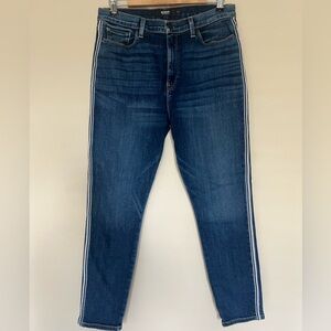 Hudson Los Angeles Barbara Super Skinny jeans with tricolor stripes on side.